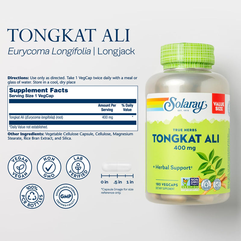 SOLARAY Tongkat Ali 400 mg, Longjack Tongkat Ali Supplement for Men, Increase Performance, Support Lean Muscle Growth, Natural Energy, Stamina & Recovery, 180 Capsules 180 Count (Pack of 1) - BeesActive Australia