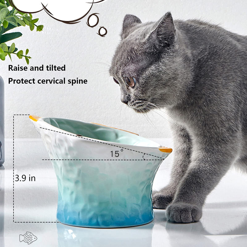 Raised Tilted Ceramic Cat Bowl - Cute Elevated Slanted Shallow Angled Cat Dish - Personalized Pet Feeder for Food Feeding - Ergonomic Anti Vomiting Whisker Fatigue - Size for Cat and Small Dog light green - BeesActive Australia