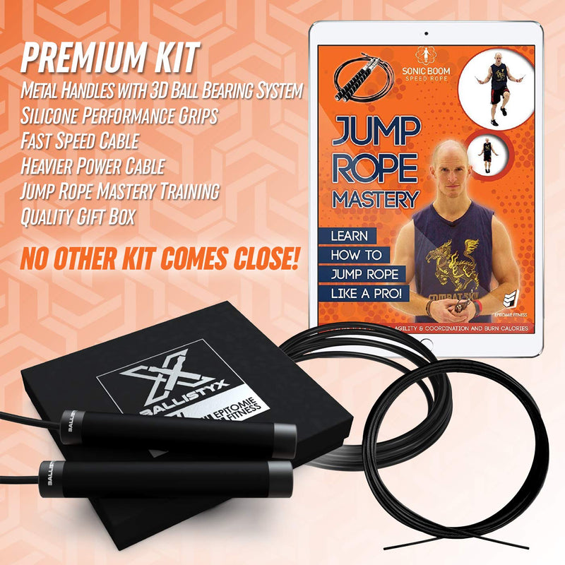 Ballistyx Jump Rope - Premium Speed Jump Rope with 360 Degree Spin, Steel Handles, Silicone Grips and 2 x Adjustable Cables - for Crossfit, Gym & Home Fitness Workouts & More Carbon Black - BeesActive Australia