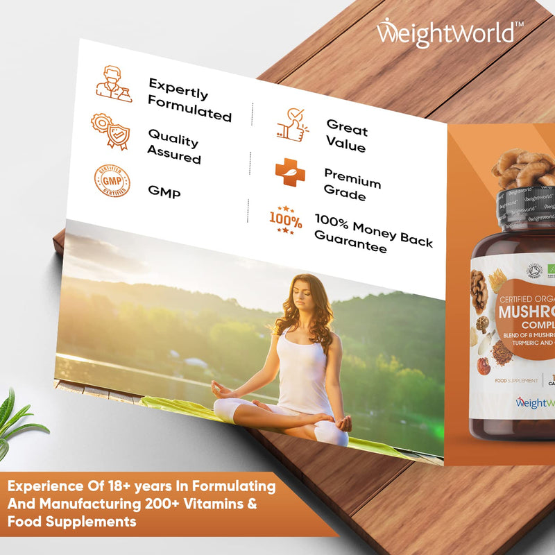 Organic Mushroom Complex 8-180 Capsules - 1000mg - Lion's Mane and 7 Mushroom Blends (Reishi, Chaga, Cordyceps, Shitake, Oyster, Maitake & Coprius) - Added Turmeric & Ginger - Vegan Capsules - BeesActive Australia