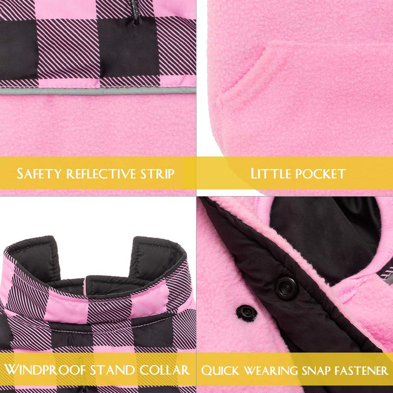 SCIROKKO Polar Fleece Dog Vest Winter Coat with Water-Proof Side - Reversible Pet Cold Weather Clothes - Plaid Jacket Cute Clothing for Puppy & Cats M-Ncek 12",Chest 17",Back 12.6" Pink - BeesActive Australia