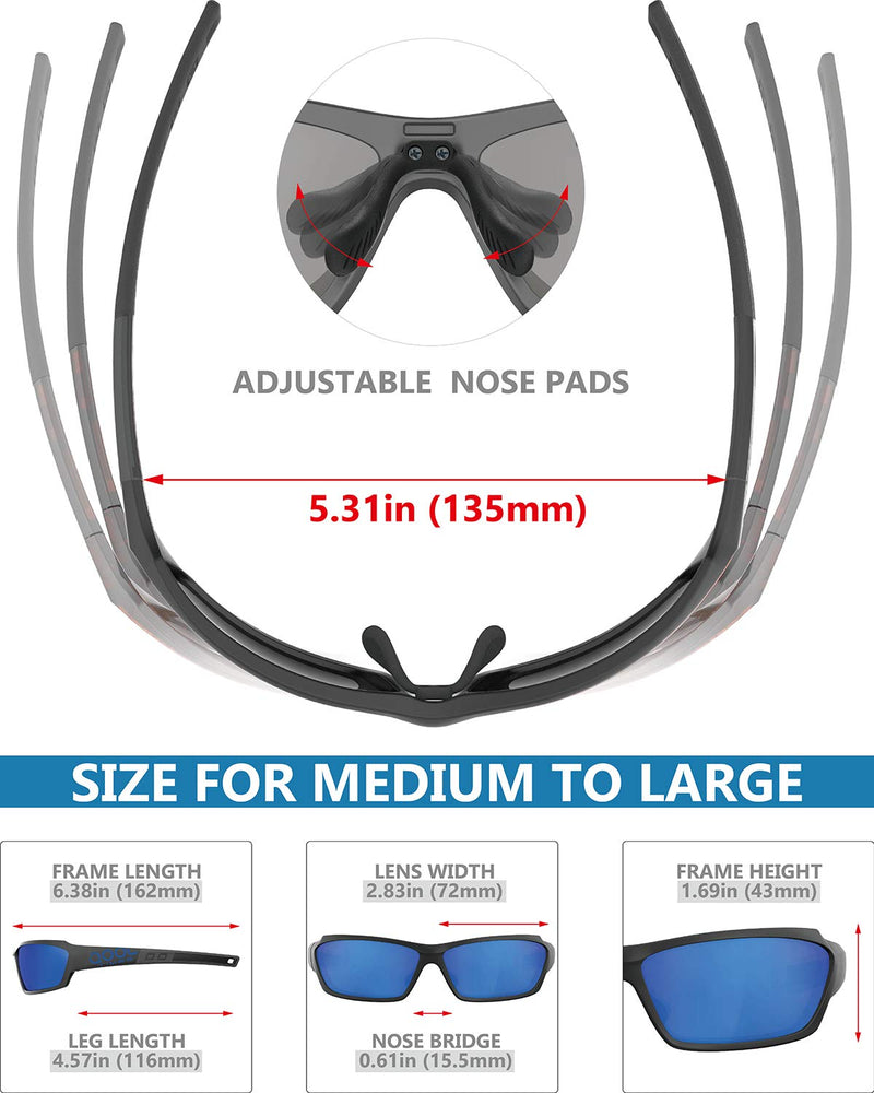 QOOL Times Polarized Fishing Sunglasses for Men & Women, 100% UV Protection, for Running, Driving, Golfing and Cycling Matt Black - Blue Revo - BeesActive Australia