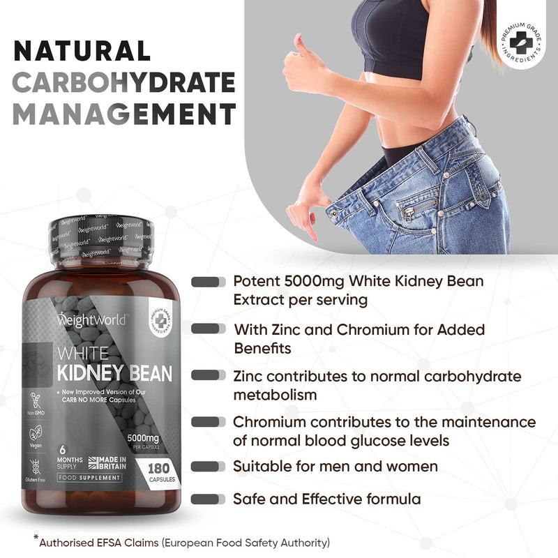 White Kidney Bean Extract 5000mg - 180 Vegan Capsules (6 Months Supply)- Enriched with Zinc & Chromium - High Strength Kidney Bean Supplement - Gluten Free - Made in The UK - BeesActive Australia