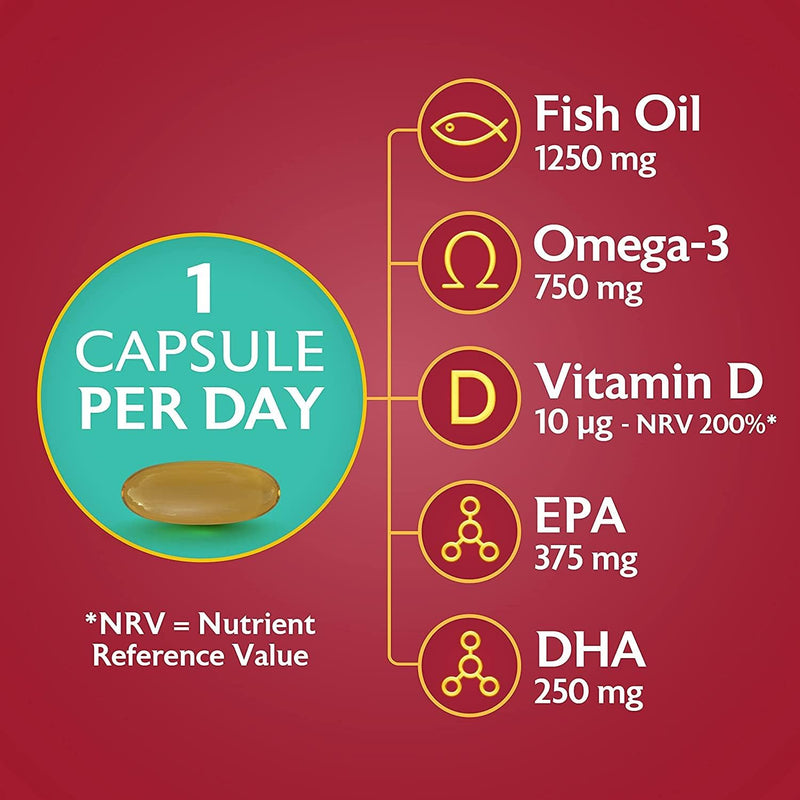 Seven Seas Omega-3 Fish Oil Extra Strength, One-A-Day, Vitamin D, 1250 mg Fish Oil, 750 Mg Omega-3 + 250 mg, 30 High Strength Tablets - BeesActive Australia