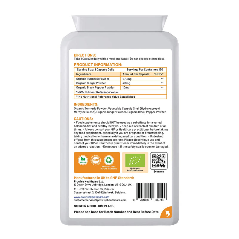 Organic Turmeric Curcumin 670mg - 120 Capsules | Organic Turmeric and Black Pepper Capsules High Strength | Vegan & Vegetarian Turmeric Supplements | Certified Organic by Soil Association | Prowise UK 120 Count (Pack of 1) - BeesActive Australia