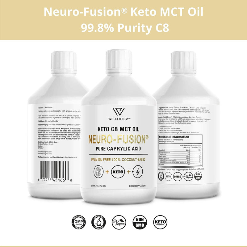 Keto C8 MCT Oil - Pure C8 Caprylic Acid not C10 - Make MCT Oil Ketogenic Bulletproof Coffee - Energy Boosting Ketones - Low Carb Keto Food - MCT Oil, Vegan - 500ml by Wellology - BeesActive Australia