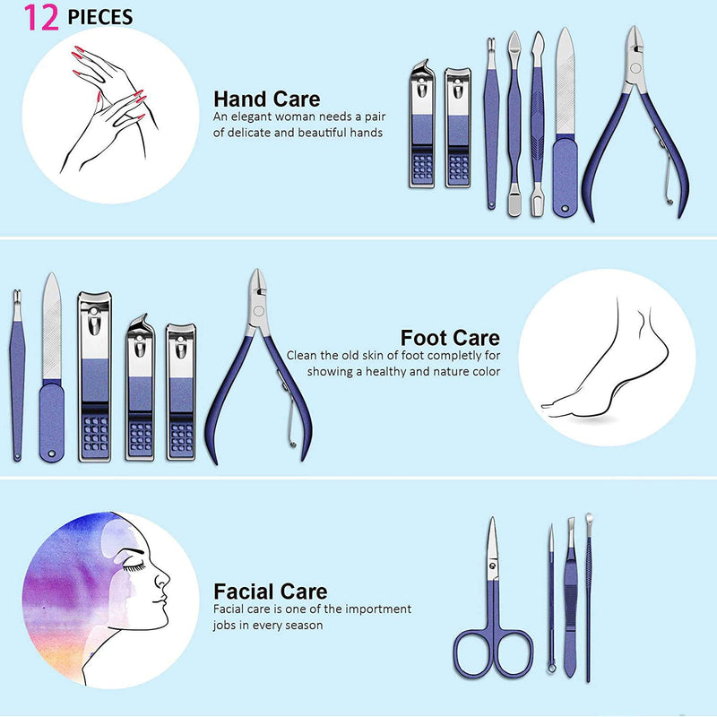 Manicure Set 12 in 1 Nail Clipper Kit Stainless Steel Nail Cutter Set Care Tools Professional Grooming Kit with Leather Travel Case for Women and Men Blue - BeesActive Australia