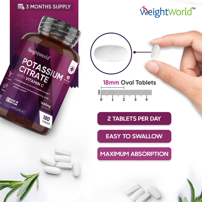 Potassium Supplement 1460mg with Vitamin C - 3 Months Supply (180 Vegan Potassium Tablets) - High Strength Potassium Citrate - Natural Electrolytes Support - Superior Absorption - Made in The UK - BeesActive Australia