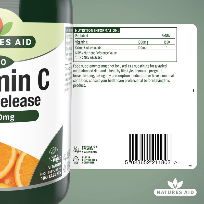 Natures Aid Vitamin C Time Release 1000 mg, Immune Support, 180 Tablets Vitamin C Time Release 1000 mg, 180 Tablets - BeesActive Australia
