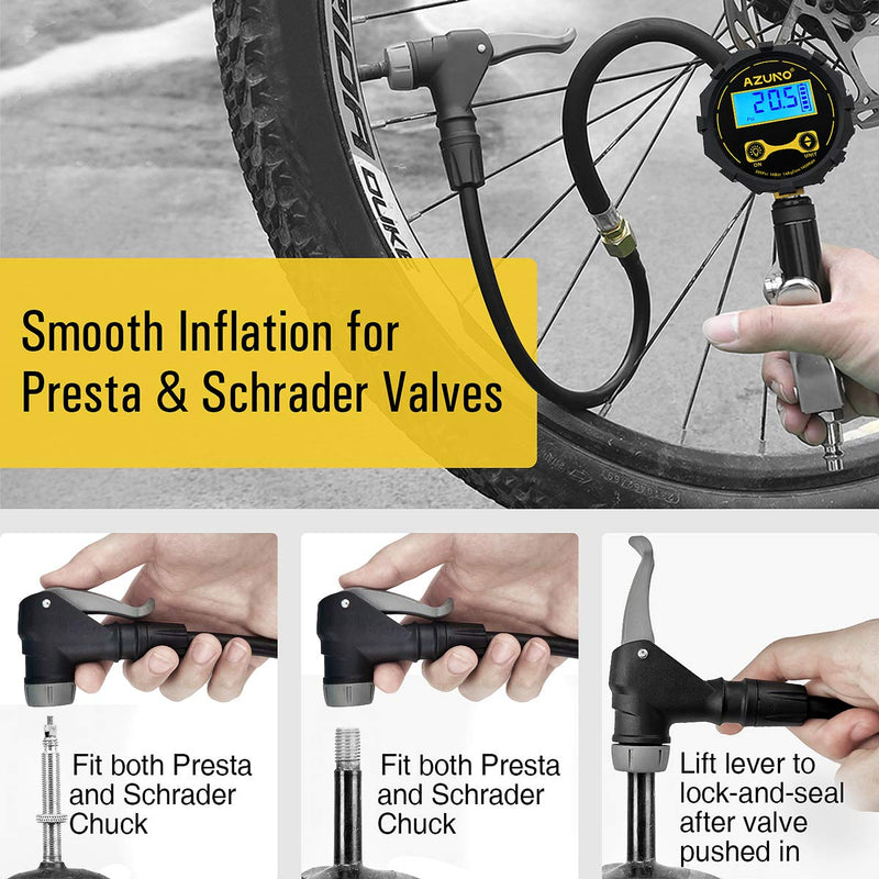 AZUNO Bike Tire Inflator with Pressure Gauge - Bicycle Presta and Schrader Air Compressor Tool - BeesActive Australia