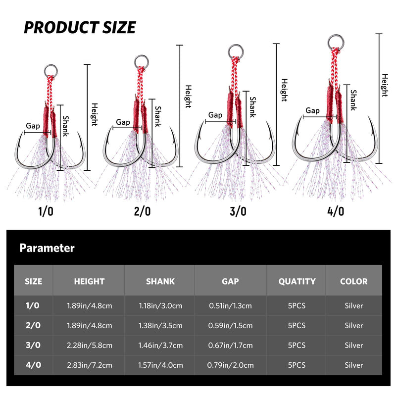 Goture Silver Bucktail Jigging Double Fishing Assist Hooks Kit for Lead Vertical Jigging Lures Jigging Slow Fast Jigs, Pack of 5 #1/0 0.53oz(5pcs) - BeesActive Australia