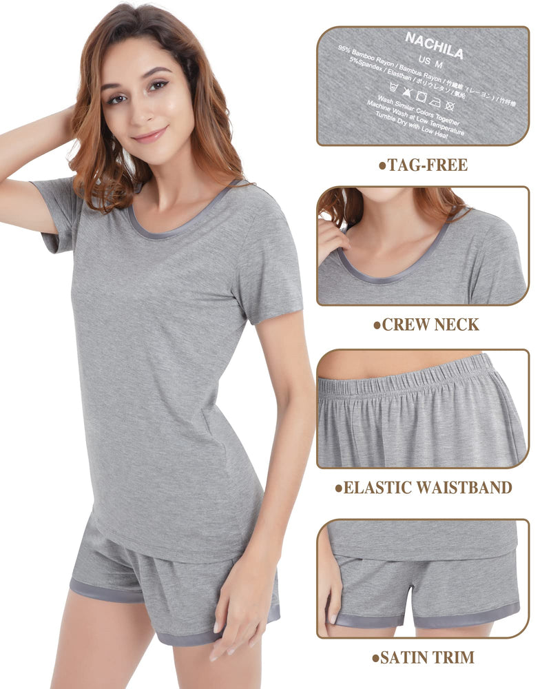 NACHILA Women's Pajamas Set Soft Bamboo Pjs Short Sleeve Sleepwear Top with Shorts Nightwear S-XXL A-heather Grey X-Large - BeesActive Australia