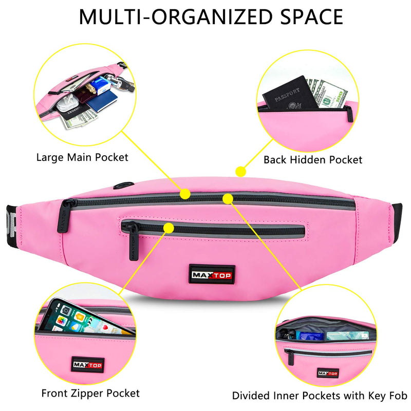 Reflective Fanny Pack PU Leather Water-Resistant Waist Pack Bag for Biking Running Jogging Traveling Outdoors Workout Cycling Fitness and Hiking Pink - BeesActive Australia