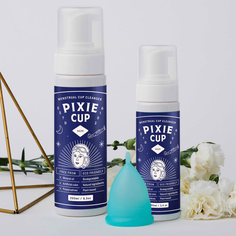 Pixie Menstrual Cup Wash - Foaming Dispenser - Cleaner Sterilizer for Period Cups & Discs - pH Balanced & Natural Organic Ingredients - Most Loved Formula To Wash Your Cup - Bamboo Printed Lid (6.5oz) 200 ml (Pack of 1) - BeesActive Australia