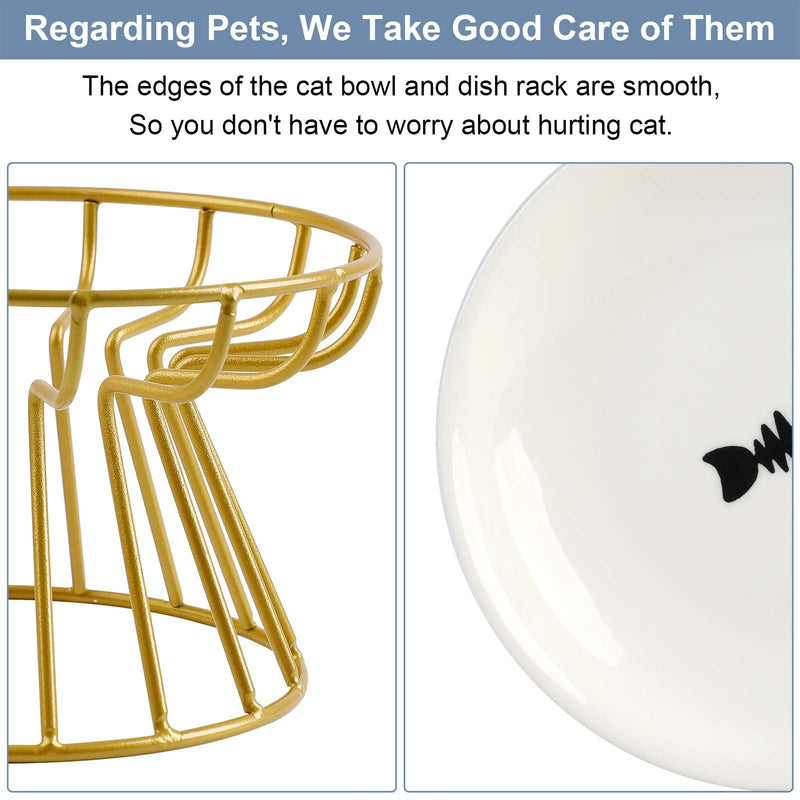 Cat Bowl-Raised Cat Food Bowl ,Elevated Cat Feeder Bowl Stand, Food & Water Anti Vomiting Shallow Ceramic Cat Dish, with Non-Slip Mat Pet Bowl for All Cat2 (Gold) - BeesActive Australia