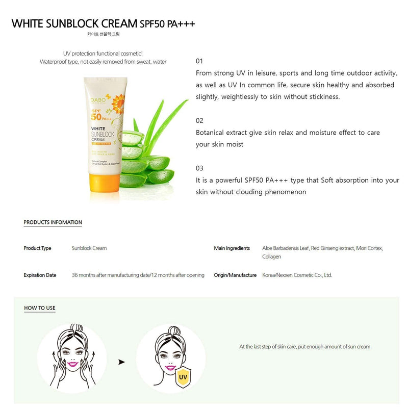 DABO White Sunblock Cream SPF50 PA+++ (70ml) - BeesActive Australia