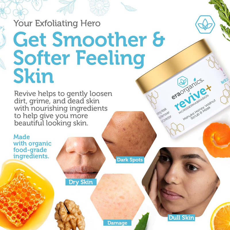 Era Organics Microdermabrasion Facial Scrub & Face Exfoliator - Spa Quality Exfoliating Face Mask with Manuka Honey & Walnut - Moisturizing Facial Exfoliant for Dry Skin, Blackheads & Wrinkles (2 oz) 2 Ounce (Pack of 1) - BeesActive Australia