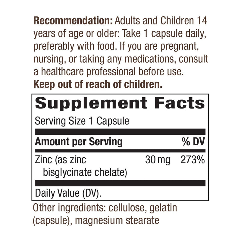 Nature's Way Zinc Chelate 30 Mg Potency Enhanced Absorption 100 Capsules, 100 Count - BeesActive Australia