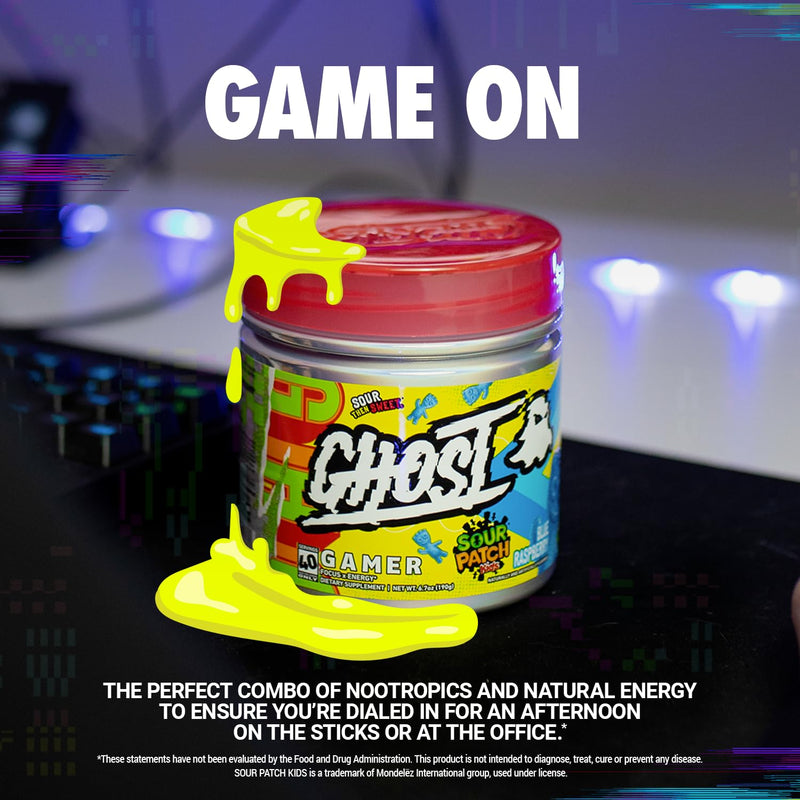 GHOST Gamer: Energy and Focus Support Formula - 40 Servings, Sour Patch Kids Blue Raspberry - Nootropics & Natural Caffeine for Attention, Accuracy & Reaction Time - Vegan, Gluten-Free - BeesActive Australia