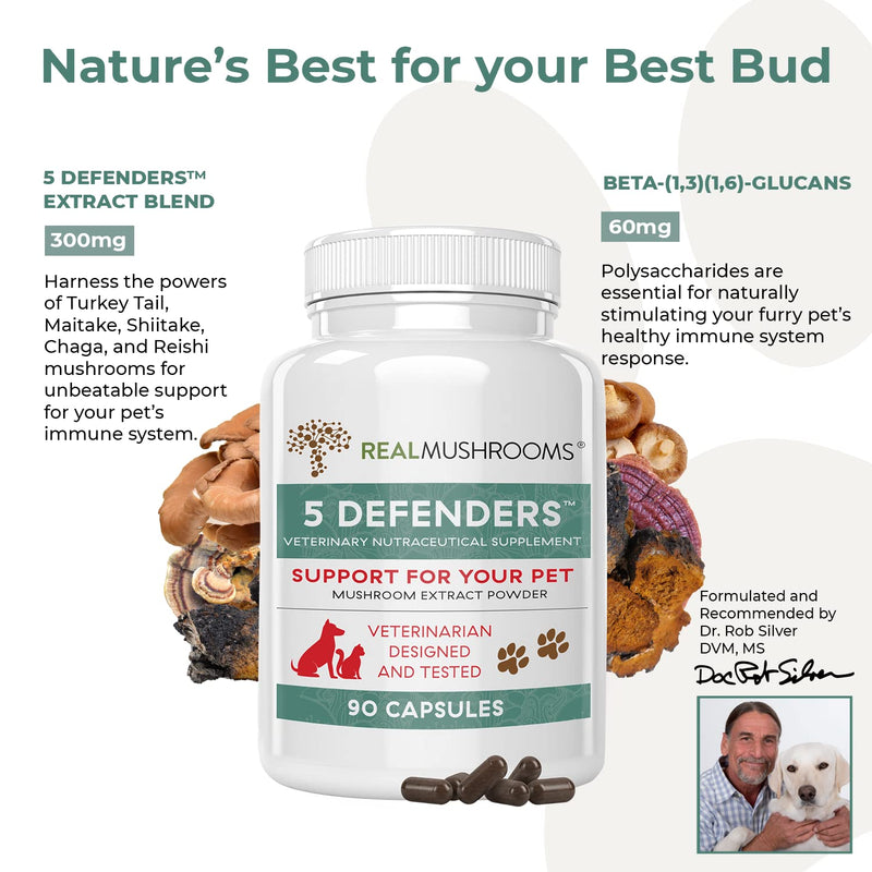 Real Mushrooms 5 Defenders for Pets (90ct) and Lions Mane for Pets (120ct) - Bundle for Immune Strength & Cognition - Vegan, Non-GMO, Gluten-Free, Grain-Free Mushroom Pet Supplements - BeesActive Australia