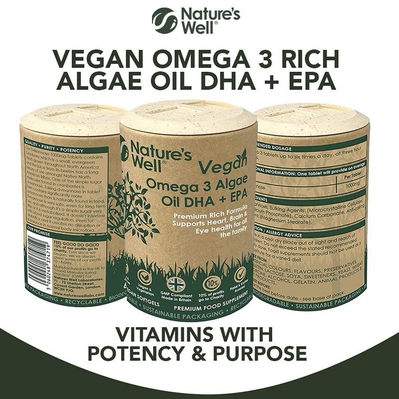 Vegan Omega 3 Algae Oil DHA + EPA, High Concentrate, 60 Vegetarian Capsules, from Sustainable Plant Based Alternative to Fish Oils, Halal & Kosher � Made in The UK by Nature�s Well (Pot) 60 Count (Pack of 1) - BeesActive Australia