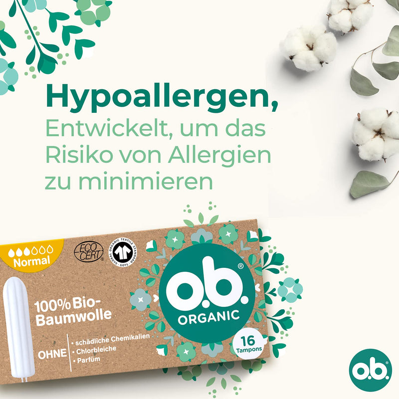 o.b. Organic Normal, Organic Tampons for Medium to Strong Days, Made from 100% Organic Cotton for Natural Protection (1 x 16 Pieces),Brown,30360 - BeesActive Australia