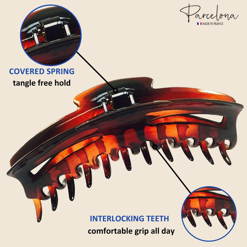 Parcelona French Bend Narrow Large Jumbo 6" Tortoise Shell Cellulose No Slip Grip Covered Spring Jaw Hair Claw Clip Clamp for Women Girls Durable Paris Hair Accessories, Made in France (Shell) - BeesActive Australia