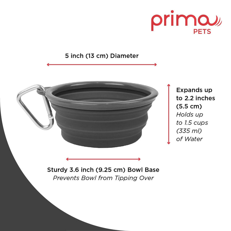 Prima Pets Collapsible Silicone Food & Water Travel Bowl with Clip for Dog and Cat: Small (1.5 Cups) + Bottle Holder, Gray GREY - BeesActive Australia