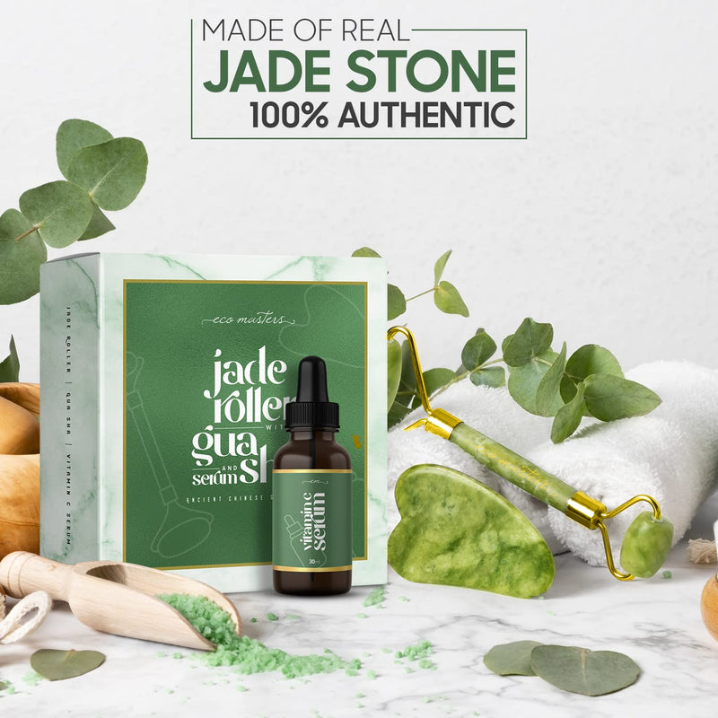100% Real Jade Roller and Gua Sha Set - With Vitamin C Serum - Face Massager & Neck Massager � Anti-Ageing SkinCare Set for Eyes, Neck, Face Care � Jade Roller and Gua Sha Gift Set -For All Skin Types - BeesActive Australia