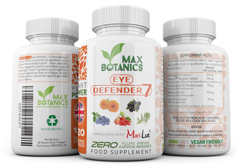 Eye Defender 7 | 120 Capsules | Lutein, Zeaxanthin, Meso-Zeaxanthin, Bilberry, Goji, Blackcurrant, Eyebright | No Additives | Vegan | UK Made | GMP (120 Capsule Bottle) 120 Count (Pack of 1) - BeesActive Australia