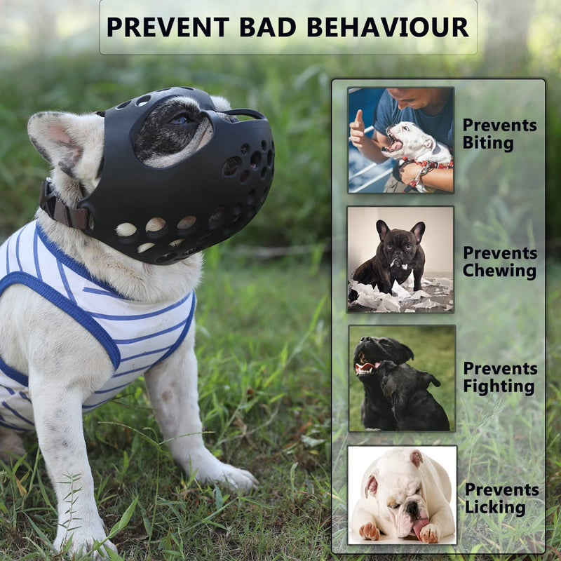 BARKLESS Dog Muzzle for Short Snout Dogs, Soft Silicone Muzzle for Biting, Chewing, Licking for French Bulldog Shih Tzu, Ideal for Flat-Faced Aggressive Dogs Grooming Walking, Allows Drinking L Black - BeesActive Australia