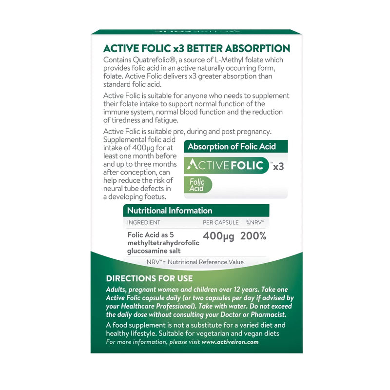 Active Folic | Folic Acid for Pregnancy | Fights Tiredness & Fatigue | Vegan Folic Acid Supplement | Containing L-Methylfolate | 60 Capsules - BeesActive Australia