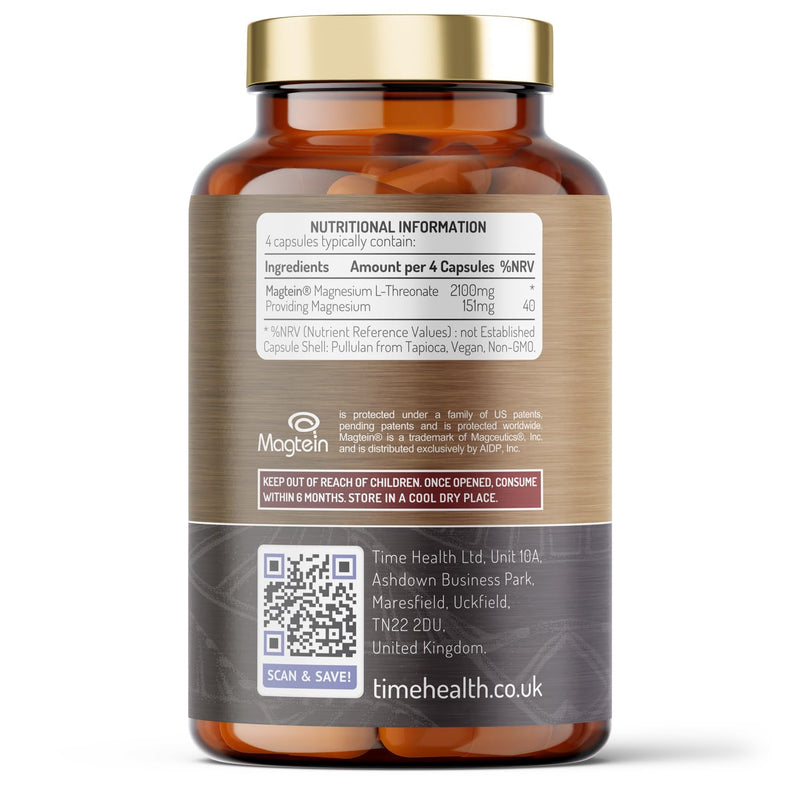 Magnesium L-Threonate (Magtein�) � 120 Capsules � High Strength 2100mg � Highly Bioavailable Chelated Form � UK Made to GMP & HACCP Standards � Zero Additives � Pullulan 120 Count (Pack of 1) - BeesActive Australia