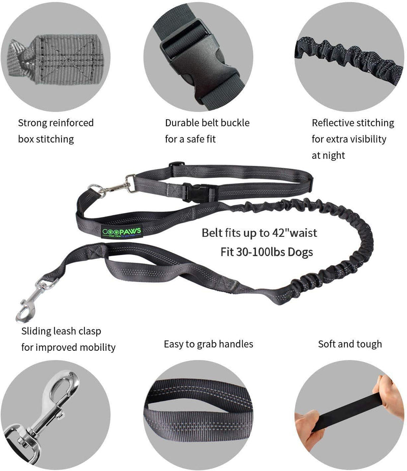 JESPET Hands Free Dog Leash for Running, Walking, Hiking Jogging for Medium & Large Dogs up to 150lbs, Durable Dual Handle Waist Leash with Reflective Bungee and Adjustable Waist Black - BeesActive Australia