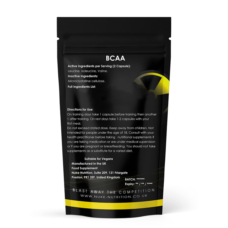 Nuke Nutrition BCAA Capsules | 120 Capsules 1000mg | Advanced Essential Amino Acids Supplement to Build Lean Muscle | Boost Recovery, Muscle Building & Growth | Leucine, Isoleucine & Valine | Vegan 120 Count (Pack of 1) - BeesActive Australia