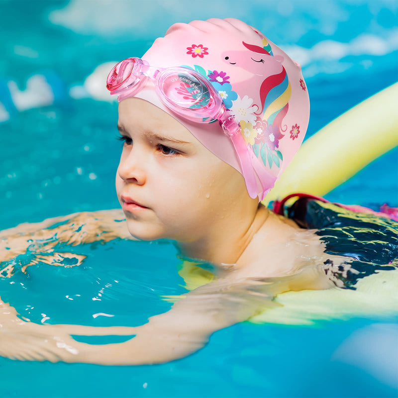 4 Pieces Swim Cap Kids Unicorn Silicone Waterproof Age 2-12 Cute Swim Caps with Goggles for Long and Short Hair Kids Children Boys Girls Toddler at Beach Pool Fun Lessons - BeesActive Australia