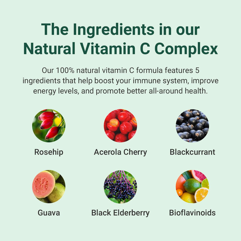 Hey Nutrition Natural Vitamin C 250mg Complex from Rosehip, Acerola, Blackcurrant, Guava, and Elderberry - Immune Function, Stress, Metabolic Health, & Fatigue - Non-GMO, 60 Vegan Capsules - BeesActive Australia