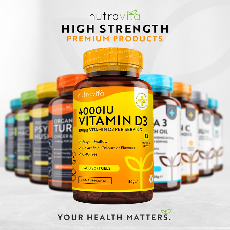 Vitamin D3 4000 iu - 400 High Strength Easy to Swallow Premium Softgels - Over A Year's Supply (One a Day) - Max Strength Vitamin D3 Cholecalciferol Supplement - Manufactured in The UK by Nutravita - BeesActive Australia