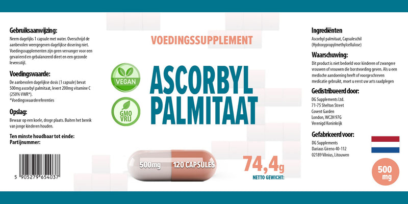 Ascorbyl Palmitate 500mg 120 Vegan Capsules, 3rd Party Lab Tested, High Strength Supplement, No Fillers or Bulkers, Gluten and GMO Free - BeesActive Australia