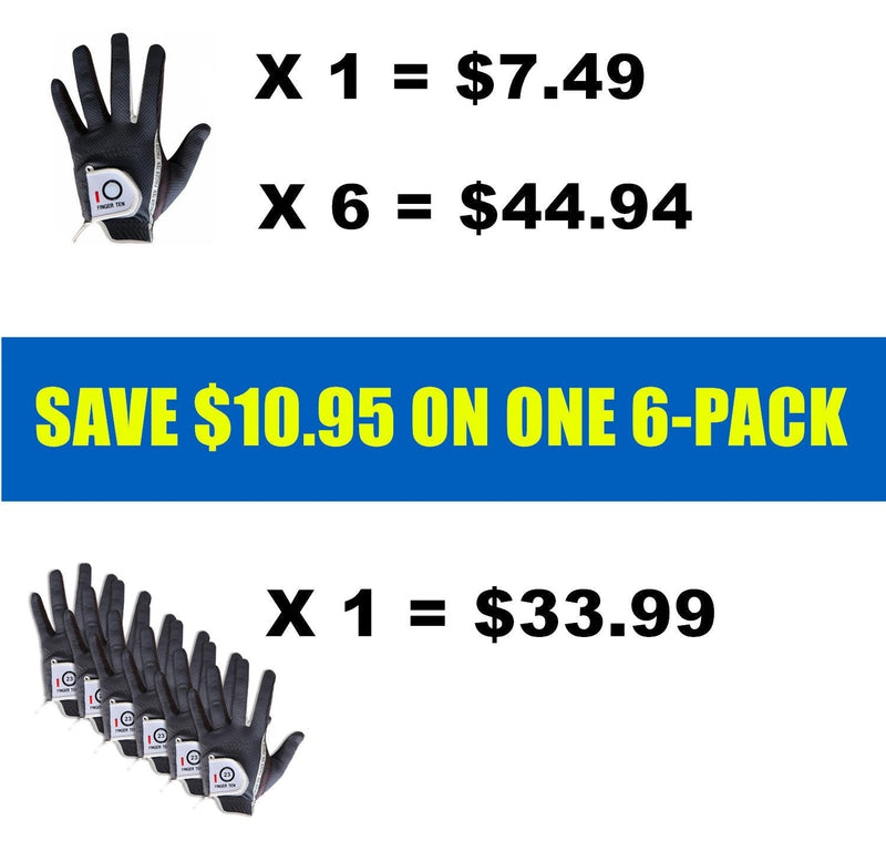 Finger Ten New Mens RainGrip Hot Wet Weather Comfort Extra Value Left Hand LH and Right Hand RH Durable Golf Gloves Value 6 Pack 23=Small Grey Worn on Left Hand(Right-Handed Golfer) - BeesActive Australia