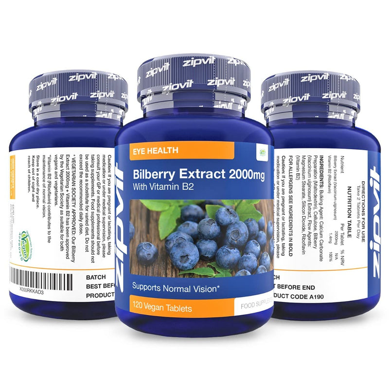 Bilberry Extract 2000mg with Added Vitamin B2, 120 Vegan Tablets. Supports Normal Vision. Vegetarian Society Approved. UK Supplier - BeesActive Australia