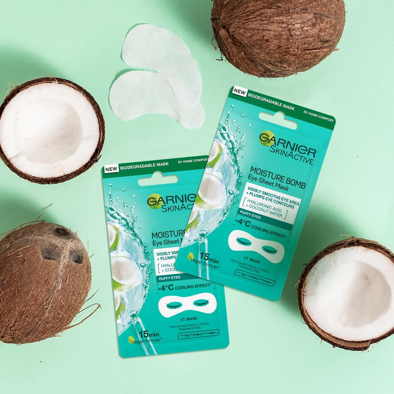 Garnier Moisture Bomb Coconut Water Eye Mask, With Hyaluronic Acid And Coconut Water, Hydrating & Replumping Under Eye Mask, Reduce Appearance of Fine Lines, Biodegradable and Vegan Tissue Mask, 6g Hyaluronic Acid And Coconut Water Tissue Eye Mask - BeesActive Australia