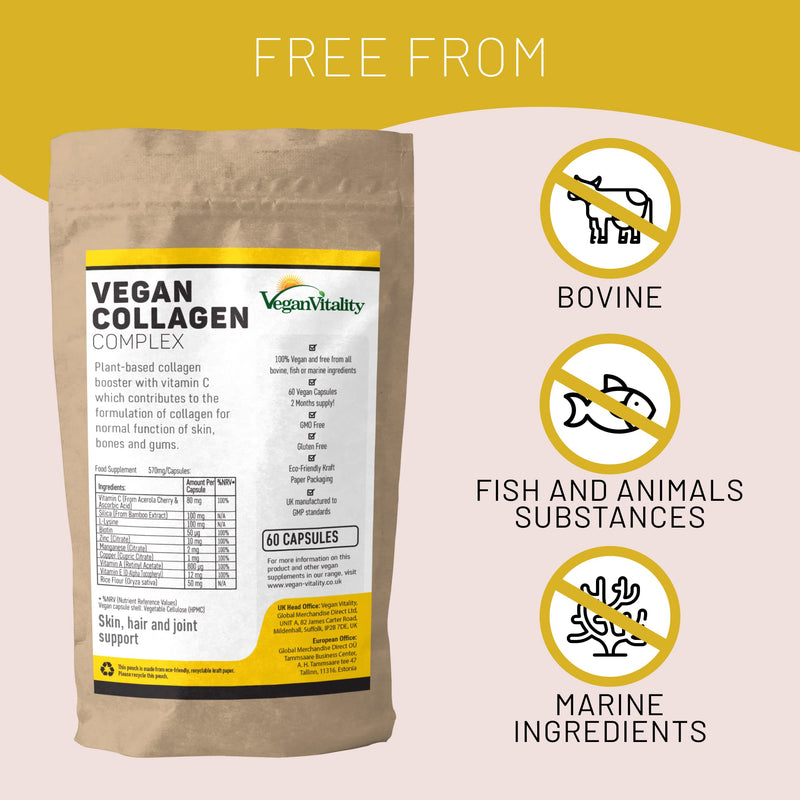 Vegan Collagen Supplement For Skin, Hair, Nails, Joints & Bones with Biotin, Lysine, Bamboo Silica, Zinc, Vitamin C, E & A. 2 Months Supply. Collagen For Vegans and Vegetarians 60 Count (Pack of 1) - BeesActive Australia
