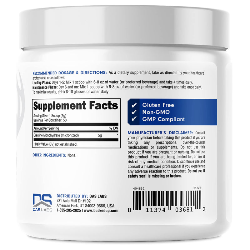 Bucked Up Creatine Monohydrate 250 Grams Micronized Powder, Essentials (50 Servings) - BeesActive Australia