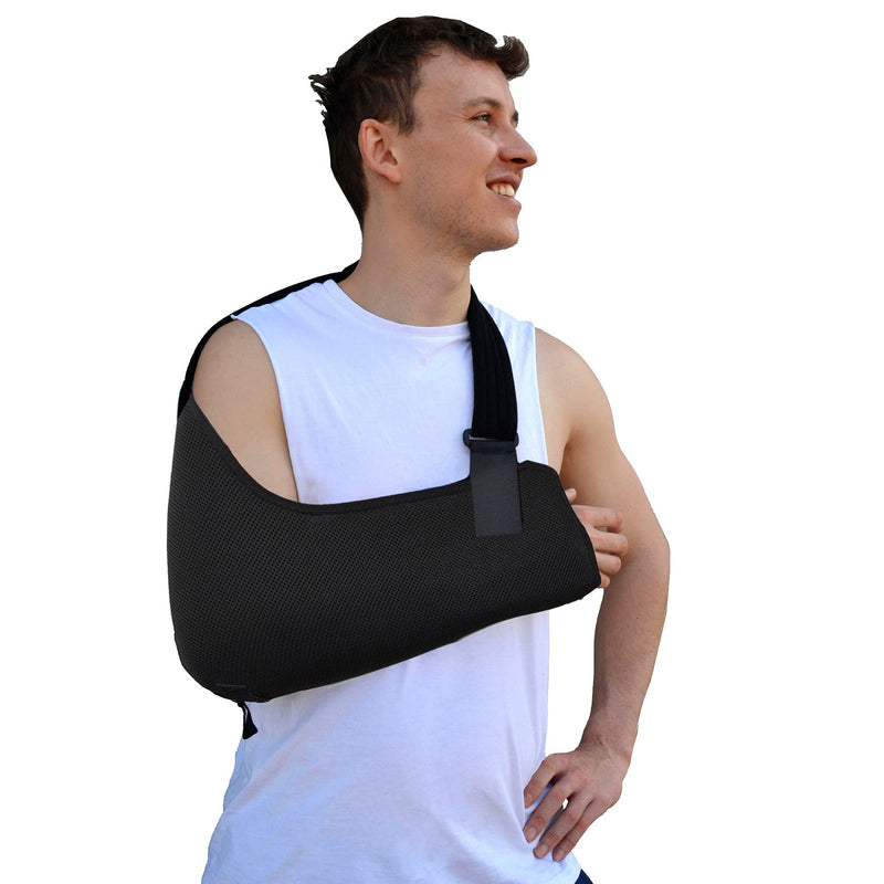 Adult ONE Size Arm Sling Shoulder Support (Black/Black) Medically Approved, Cool, Easy Fit, Thumb Loop, Unisex. Black/Black Trim - BeesActive Australia