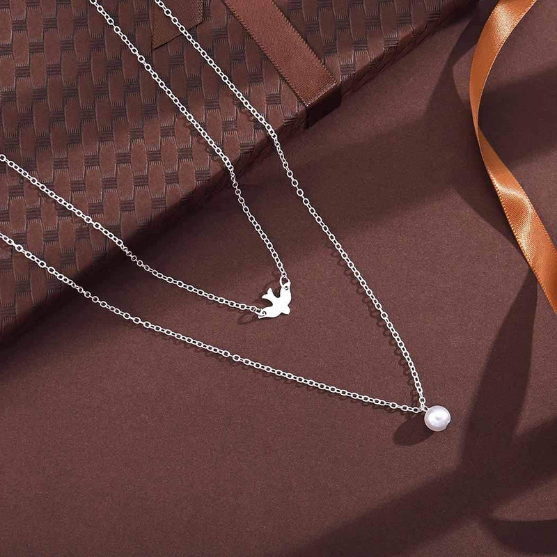 Ronglia Boho Layered Pearl Pendant Necklace Silver Bird Choker Necklaces Chain Jewelry for Women and Girls - BeesActive Australia