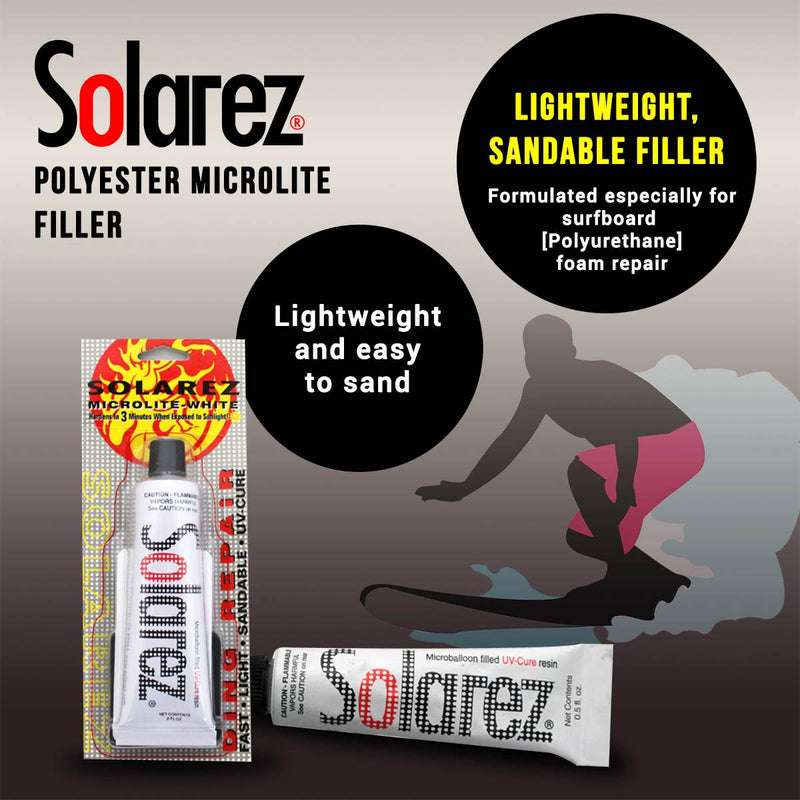 SOLAREZ UV Cure Microlite White Polyester DING Repair Filler (0.5 oz) - Surfboard Repair Foam with 60/240 Grit Sand Pad & Spreader ~ Fastest Fix for Deep Dings on [Polyurethane] Surfboard Foam - BeesActive Australia
