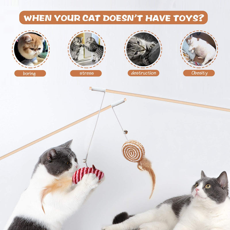 Cat Toys for Indoor Cats, 3pcs 16 Inch Natural Wood Cat Teaser Wand Toy with Teaser Refills for Cat Kitten Having Fun Exerciser Playing, Bonus 5pcs Catnip Sticks for Cat Teeth Cleaning Sisal - BeesActive Australia