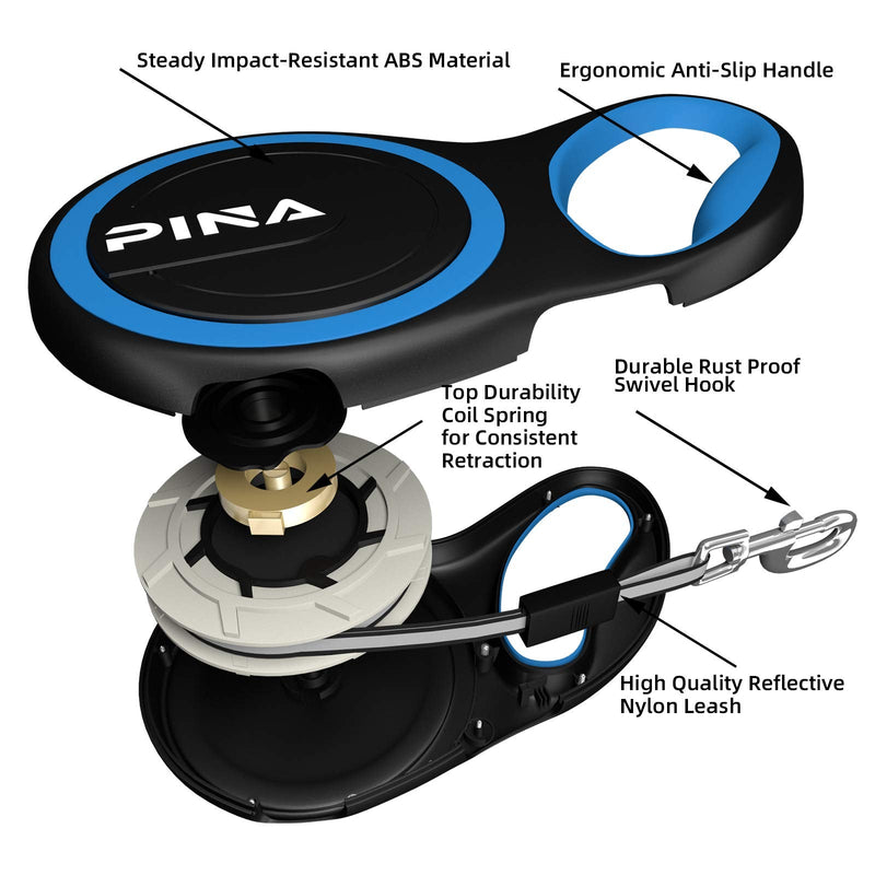 PINA Retractable Dog Leash, 26ft Dog Leash for Small Medium Large Dogs Up to 110lbs, 360° Tangle-Free Strong Reflective Nylon Tape, with Anti-Slip Handle, One-Handed Brake, Pause, Lock Black Blue - BeesActive Australia