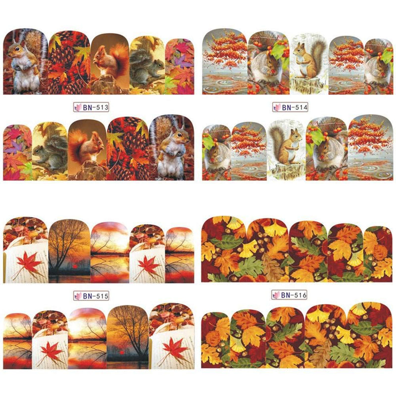 Fall Nail Stickers Nail Art Stickers Decals Thanksgiving Nail Stickers Nail Accessories Decorations Supplies Nail Art Stickers Autumn Maple Lovely Squirrel Water Decals Set Designs Manicure 12 Pcs - BeesActive Australia